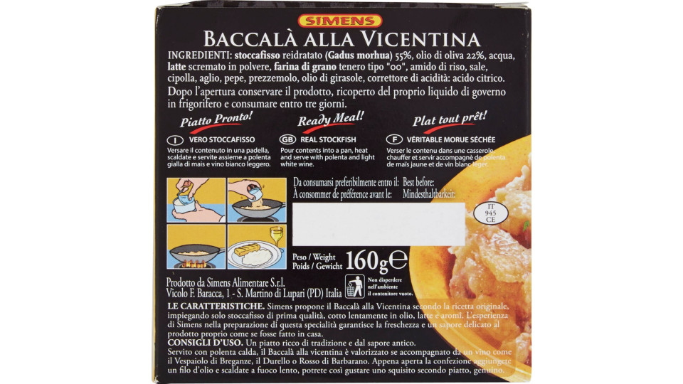 Simens Baccalà alla Vicentina con Olio di Oliva 160 g