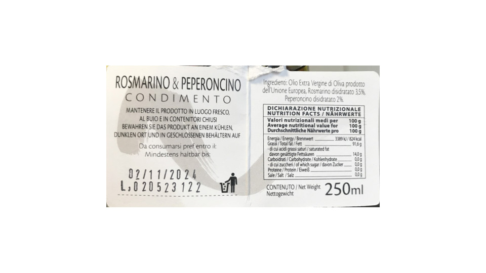 Raffaelli olio oliva con peperoncino e rosmarino ml.250