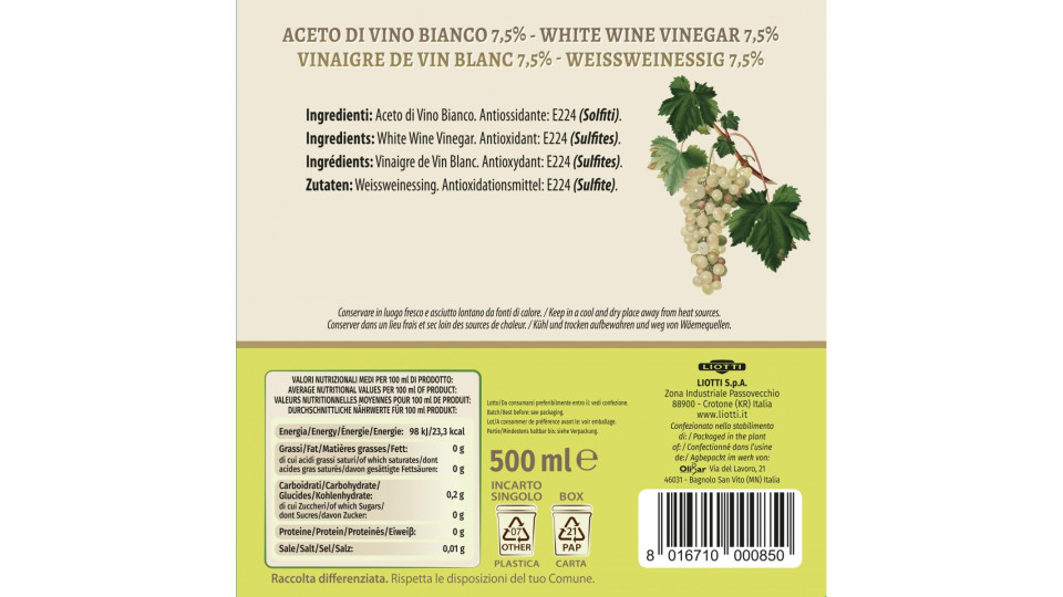 Olibar aceto di vino mono ml.5 box x100