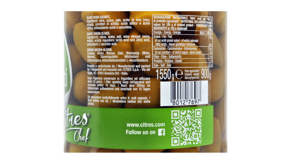 Citres olive verdi giganti in salamoia vaso da kg.1,55