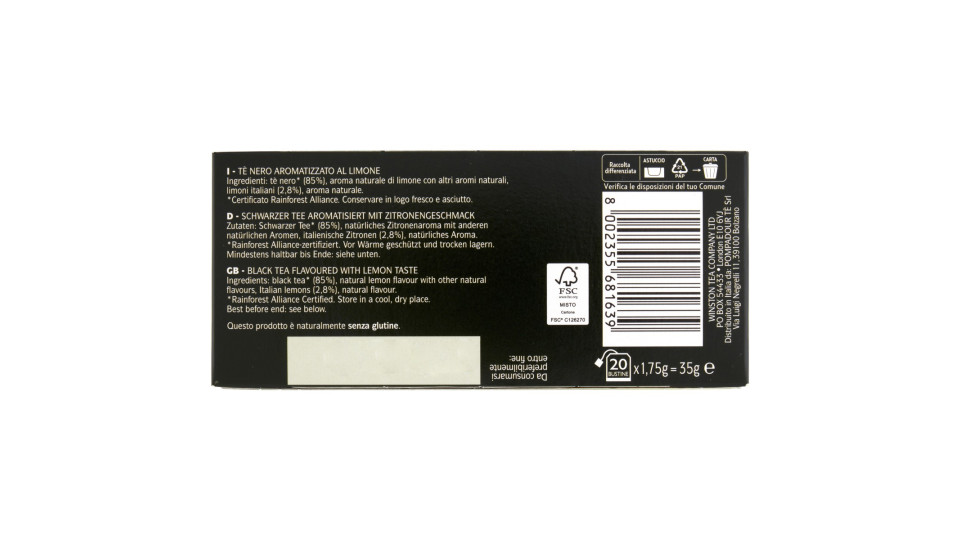 Sir Winston Tea Limone tè nero 30 gr. 20 filtri