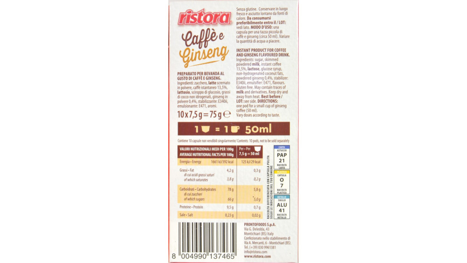 ristora Caffè e Ginseng capsule compatibili Nespresso caps 10...