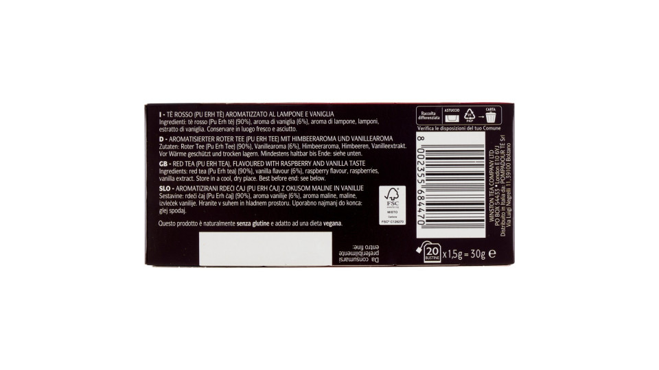 Sir Winston Tea Tè Rosso Lampone e Vaniglia 20 x 1,5 g