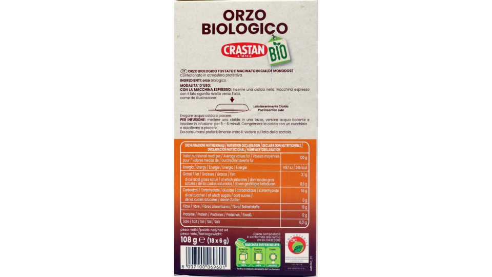 Crastan Bio Orzo Biologico Cialde Compostabili per Macchine...