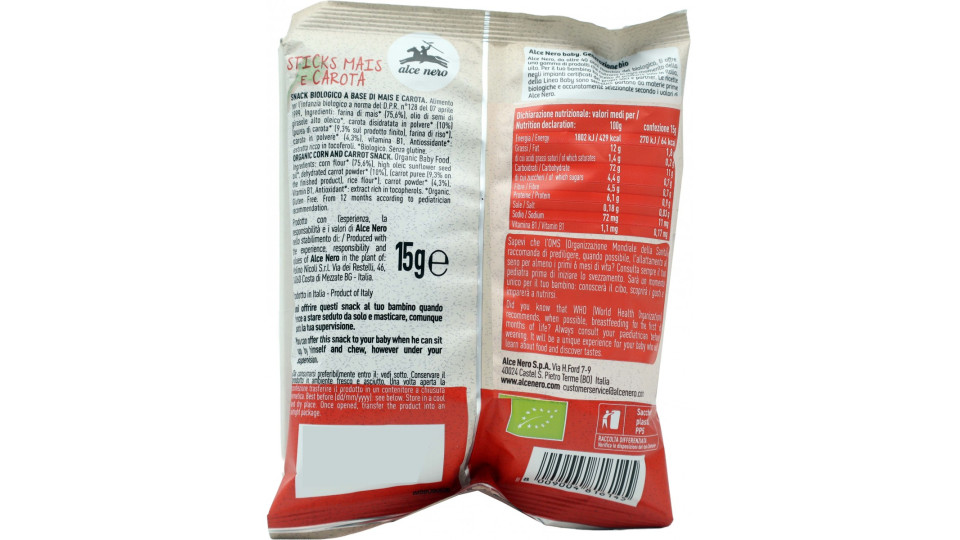 Alce nero Sticks Mais e Carota 15 g