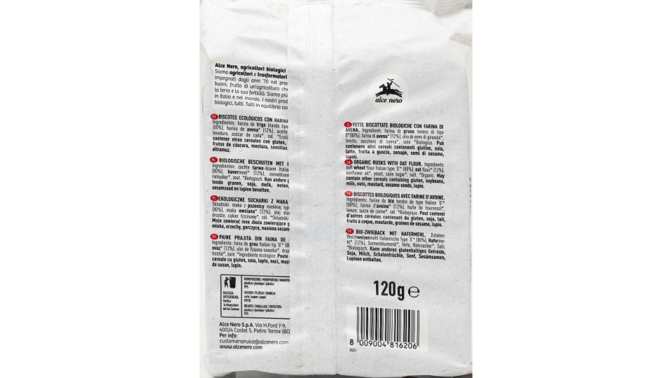Alce nero bio Fette Biscottate con Farina di Avena 120 g
