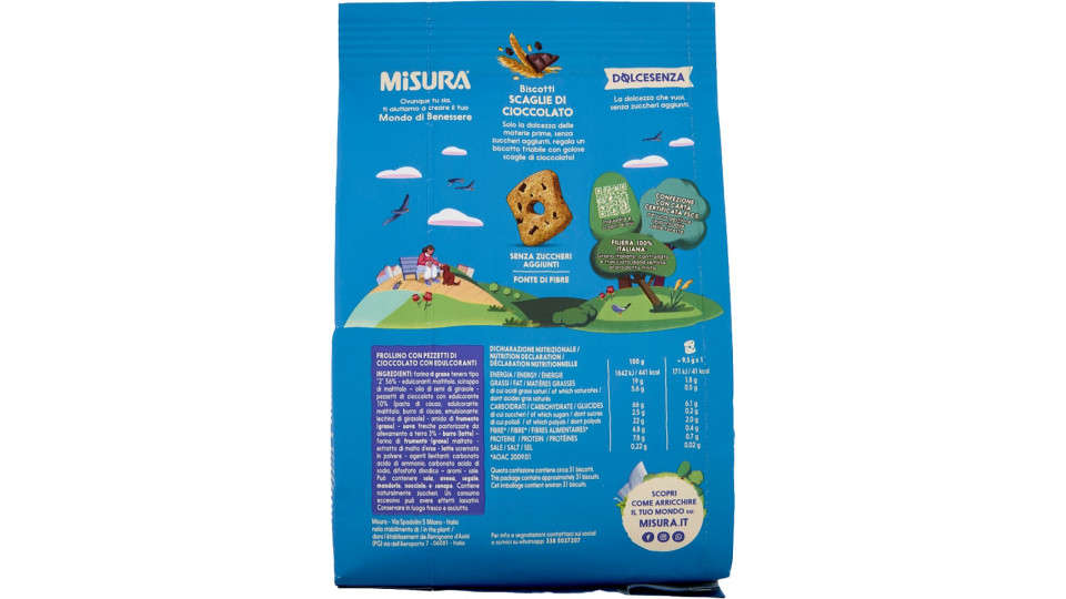 Misura Dolcesenza Biscotti con Scaglie di Cioccolato 290 gr.
