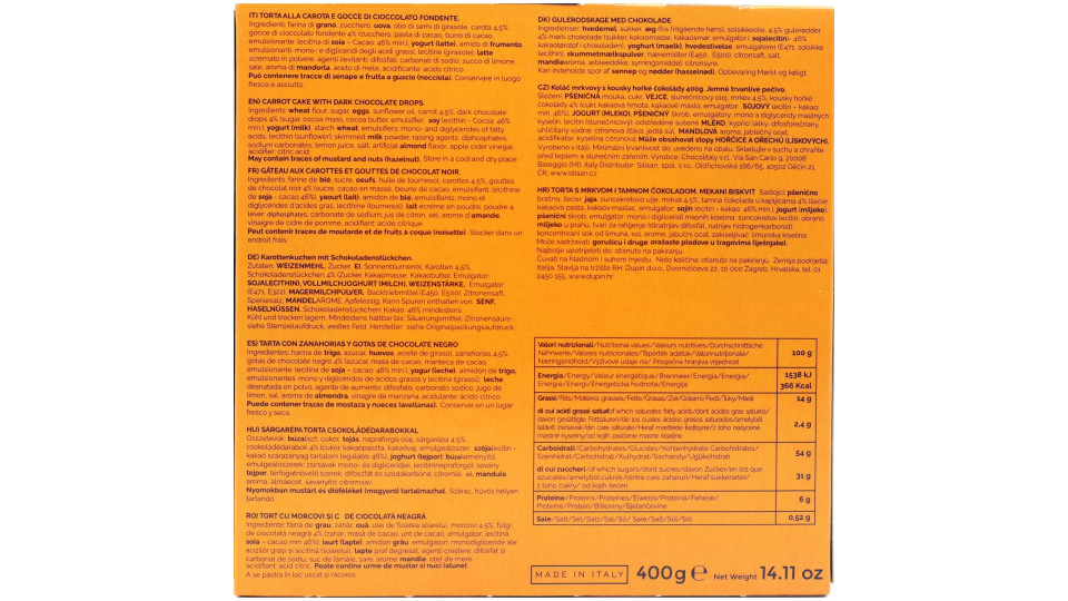 Chocolitaly torta carote gocce di cioccolato gr.400