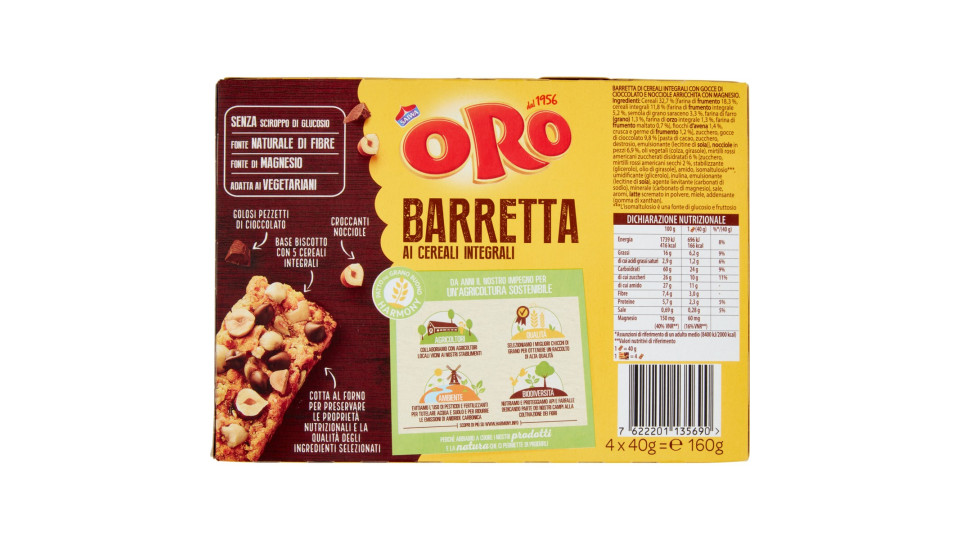 Oro Saiwa Barretta al cioccolato fondente e nocciole 4 x 40 gr.