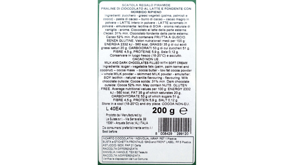 La Suissa Chocolate Sospiri Scatola Regalo Piramide 200 g