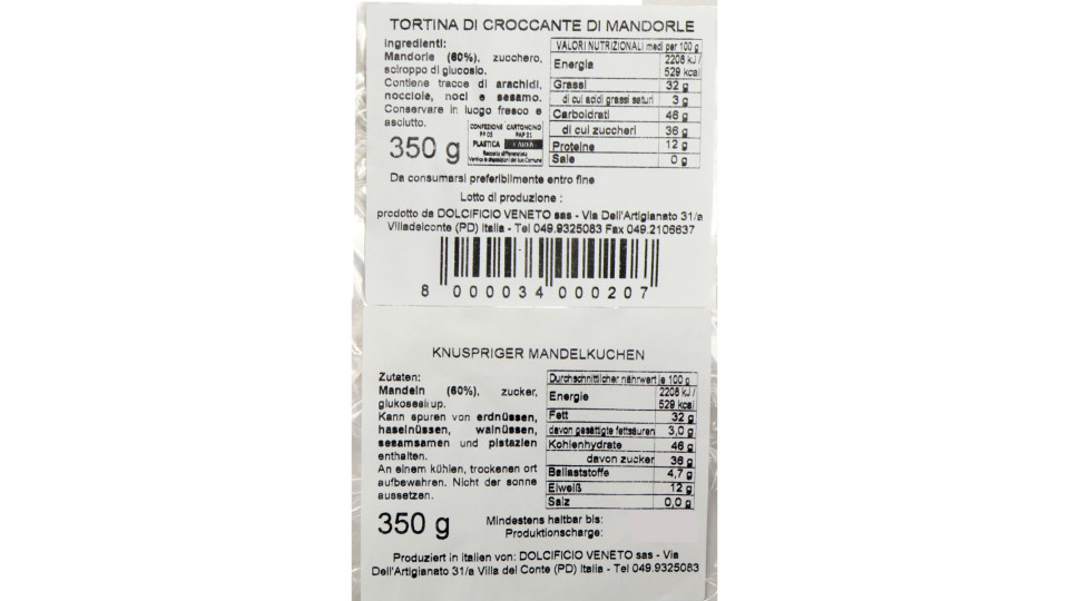 Dolcificioveneto torta di croccante di mandorle gr.350