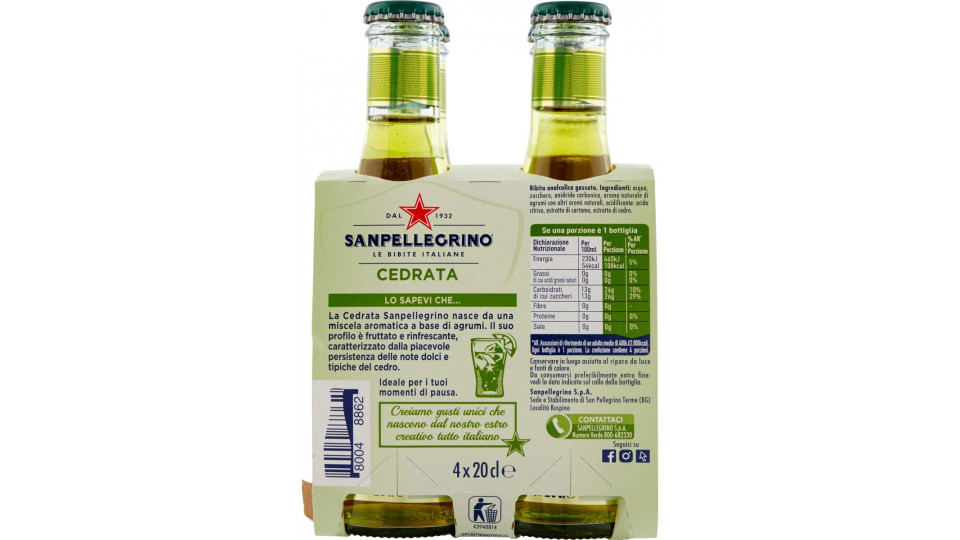 SANPELLEGRINO Bibite Gassate, CEDRATA 20 cl x 4 (Vetro)