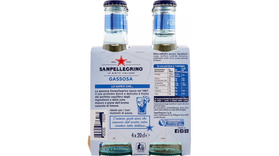 SANPELLEGRINO Bibite Gassate, GASSOSA 20 cl x 4 (Vetro)