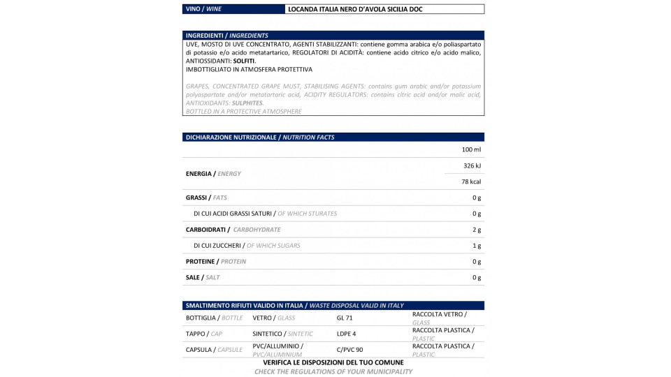 Locanda Italia vino Nero d'Avola cl.75