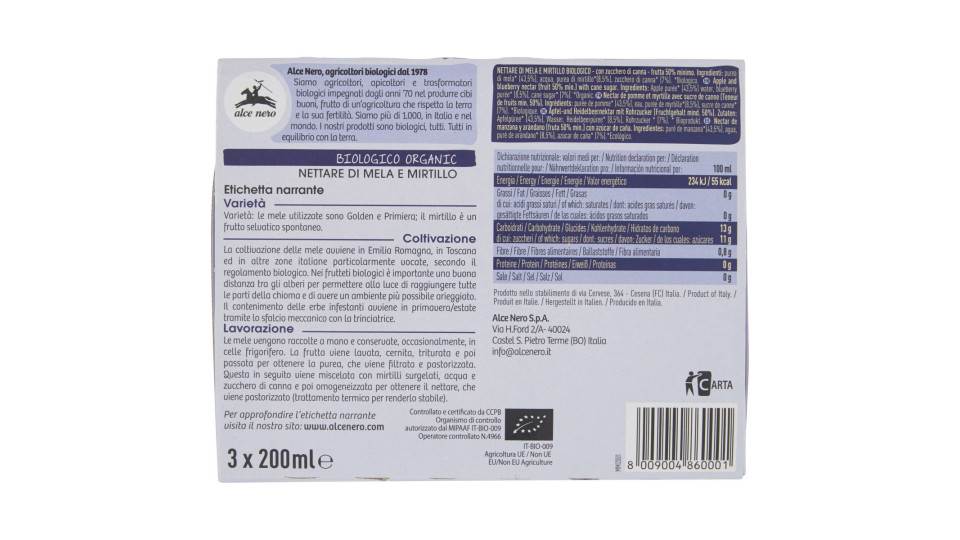 Alce nero Nettare di Mela e Mirtillo 3 x 200 ml.