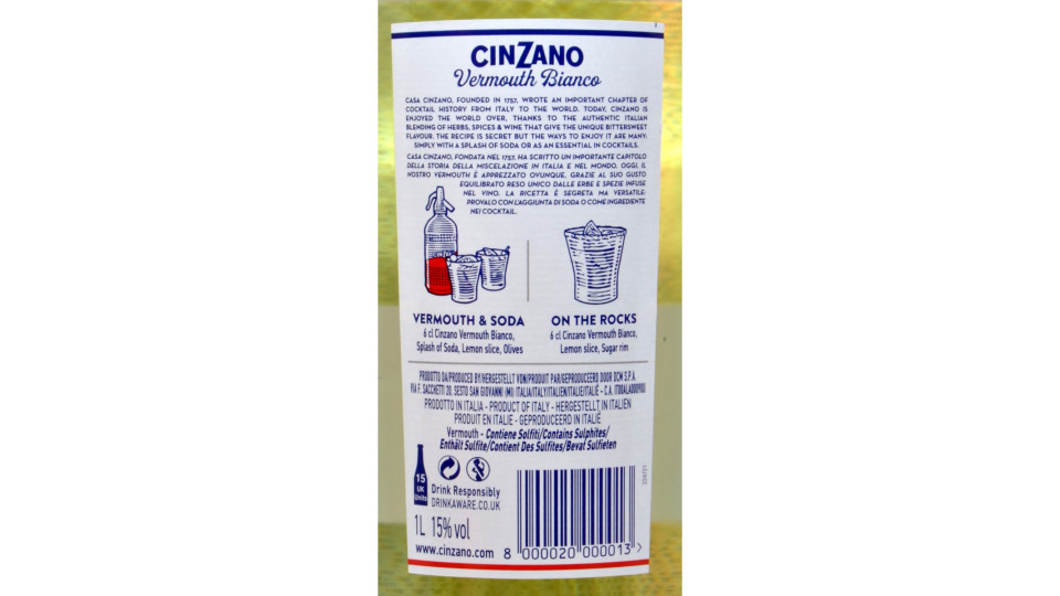 Cinzano bianco vermouth et. oro - lt.1