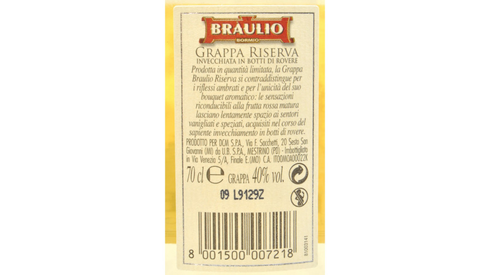Bràulio Grappa Riserva 18 mesi 70 cl.