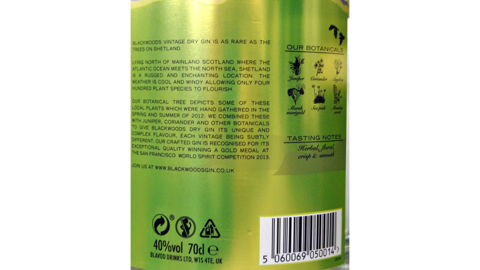 Blackwoods vintage dry gin cl.70 40°