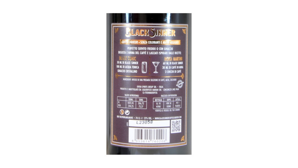 Black sinner coffee liqueur cl.70 27°