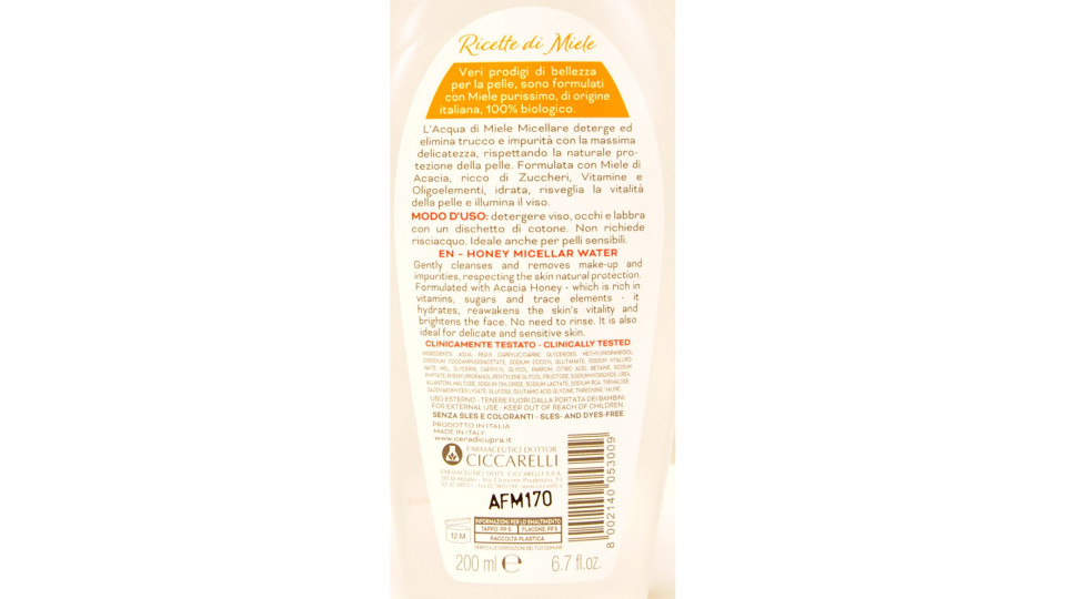 Cera di Cupra Ricetta di Bellezza Acqua di miele Micellare ml.200
