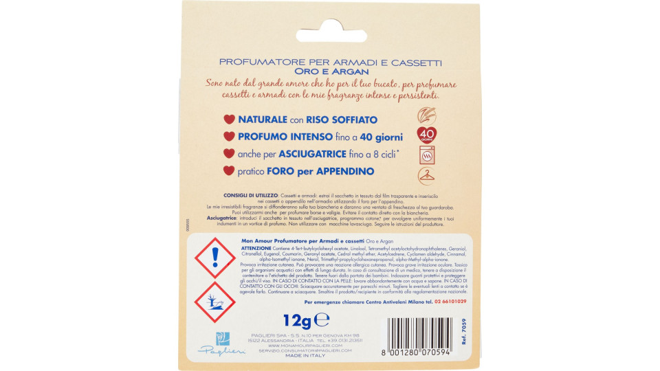 Mon Amour Profumatore per Armadi e Cassetti Oro e Argan 12 gr.
