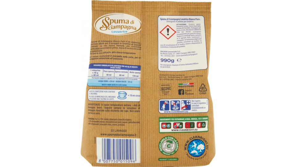 Spuma di Sciampagna Bianco Puro Igienizzante Lavatrice 990 g