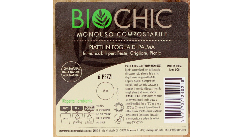 Biochic piatto tondo in foglia di palma cm.15 pz.6