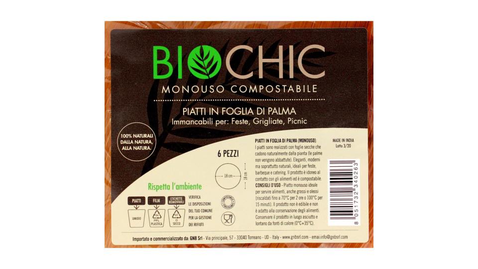 Biochic piatto fondo tondo in foglia di palma cm.18 pz.6