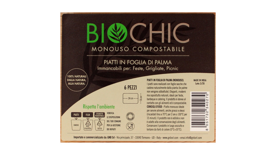 Biochic piatto rettangolare in foglia di palma cm.16x24 pz.6