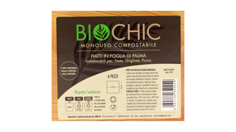 Biochic piatto quadrato in foglia di palma cm.20x20 pz.6