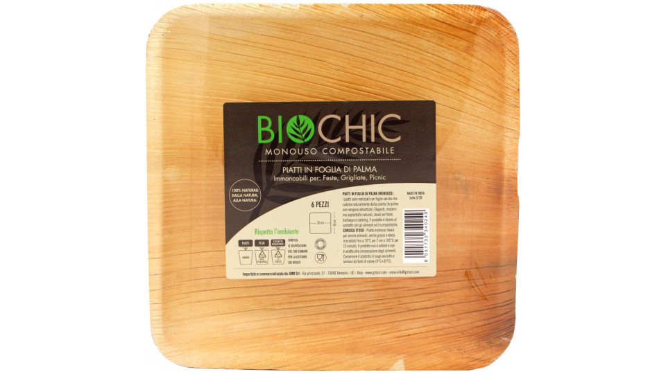 Biochic piatto quadrato in foglia di palma cm.20x20 pz.6