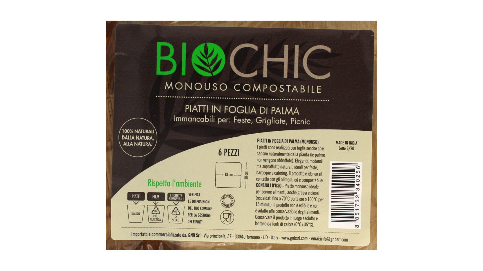 Biochic piatto fondo quadrato in foglia di palma cm.18 pz.6