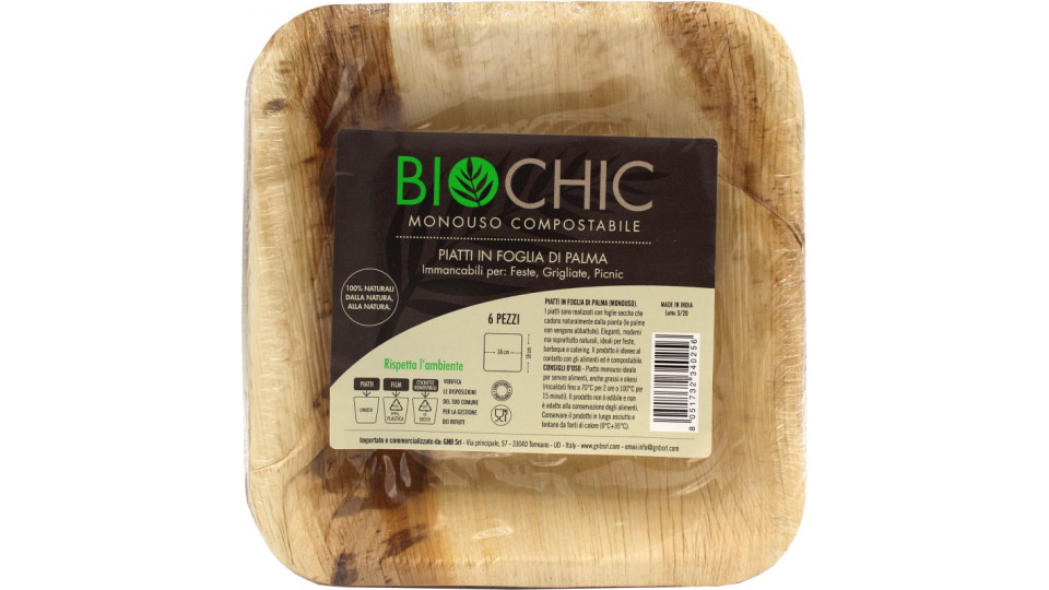 Biochic piatto fondo quadrato in foglia di palma cm.18 pz.6