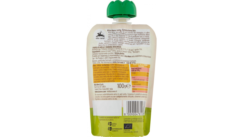 Alce Nero bio purea mela e banana gr.100