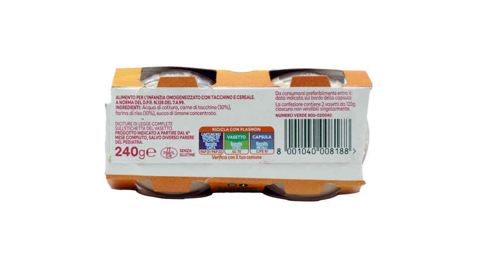 Plasmon Tacchino Omogeneizzato con Tacchino e Cereale 2 x 120 g