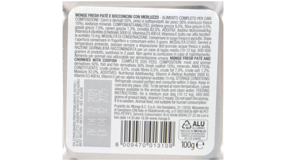 Monge dog fresh pate con bocconcini di merluzzo gr.100