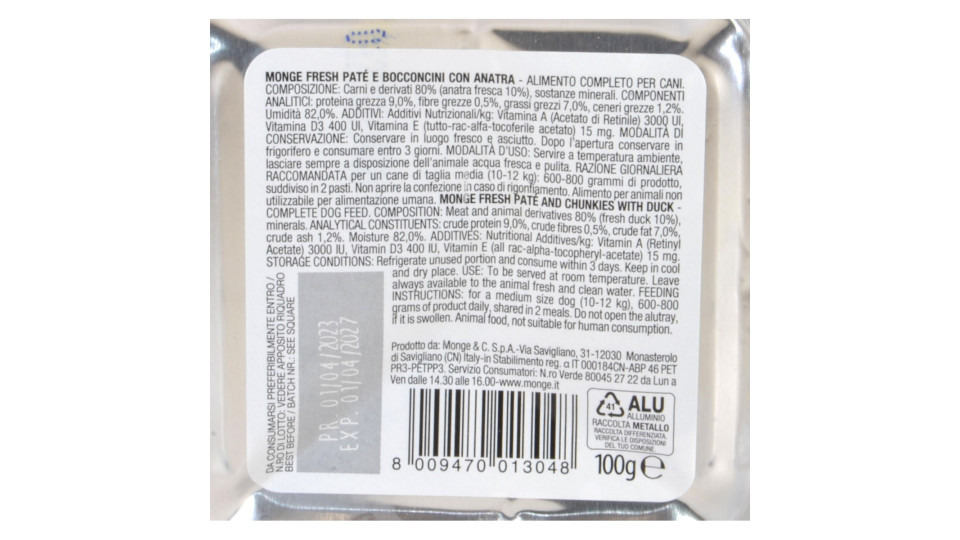 Monge dog fresh pate con bocconcini di anatra gr.100