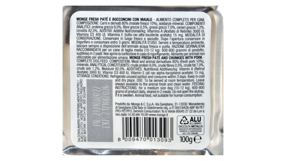Monge dog fresh pate con bocconcini di maiale gr.100