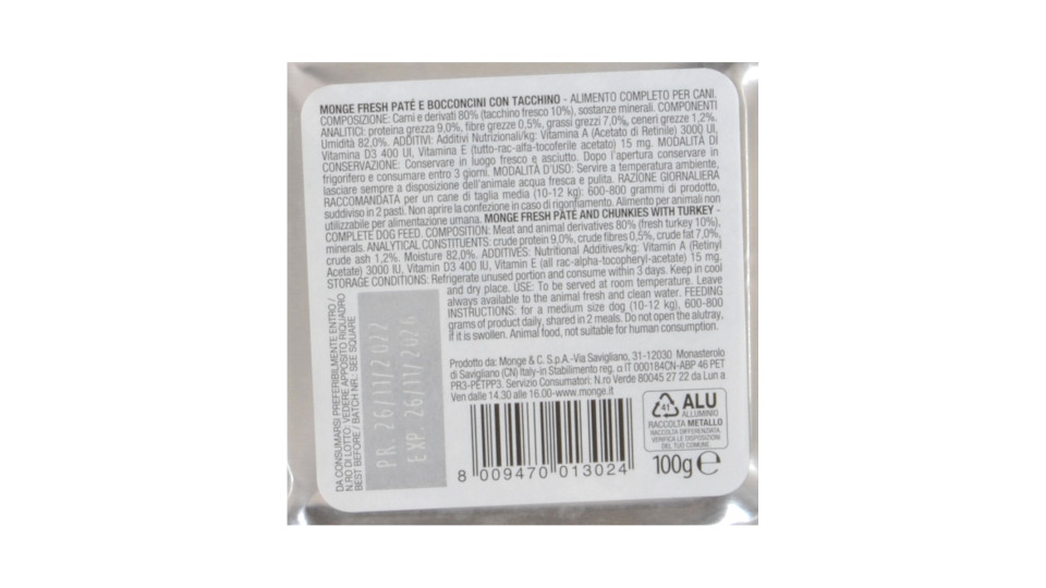 Monge dog fresh pate' con bocconcini di tacchino gr.100