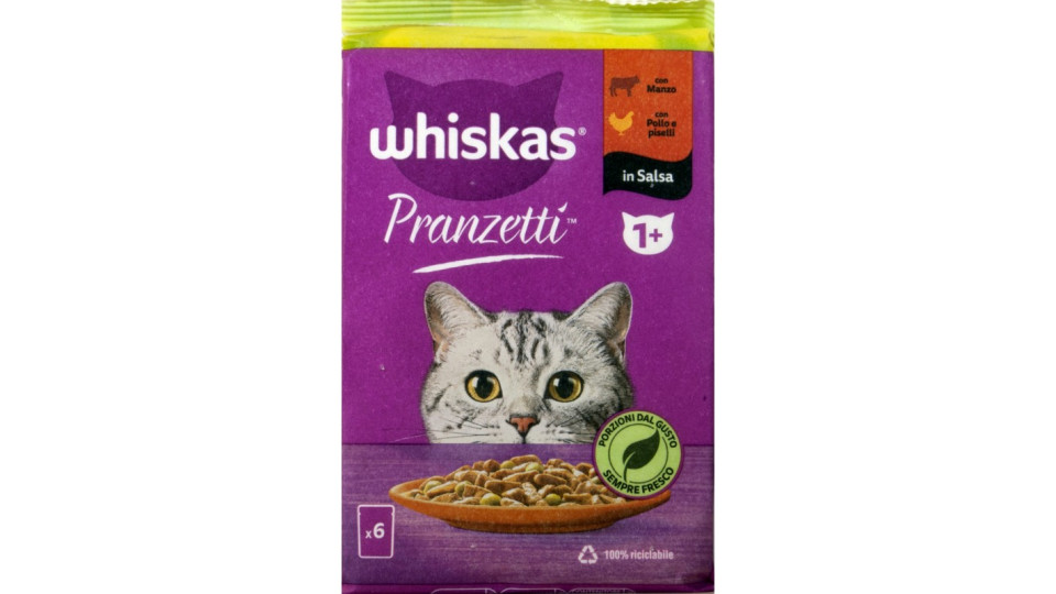 Whiskas pranzetti manzo pollo e piselli gr.50x6