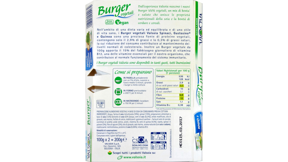Valsoia Burger spinaci gustosino e quinoa gr 200