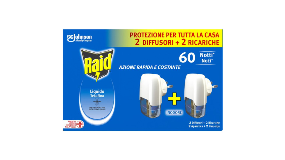 Raid Liquido Zanzare Tigre e Comuni 2 Diffusori + 2 Ricariche