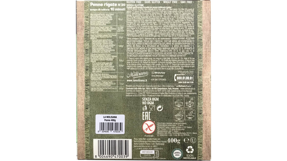 la Molisana Gluten free Penne Rigate N°20