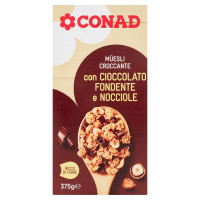 Müesli croccante con cioccolato fondente e nocciole g 375 Conad
