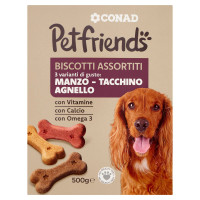 Biscotti Assortiti 3 varianti di gusto: Manzo - Tacchino - Agnello 500 g Petfriends Conad