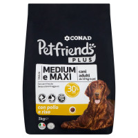 Petfriends Plus Taglia Medium e Maxi cani adulti da 10 kg in poi con pollo e riso 3 kg Conad