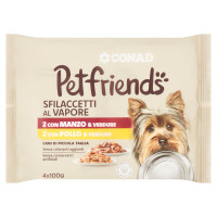 Sfilaccetti al Vapore 2 con Manzo & Verdure, 2 con Pollo & Verdure 4 x 100 g Petfriends Conad