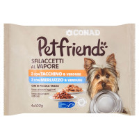 Sfilaccetti al Vapore 2 con Tacchino & Verdure, 2 con  Merluzzo & Verdure 4 x 100 g Petfriends Conad