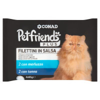 CONAD Petfriends Plus Filettini in Salsa 2 con merluzzo, 2 con tonno 4 x 85 g