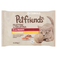 Filettini in Gelatina 2 con Manzo, 2 con Pollo 4 x 100 g Petfriends Conad
